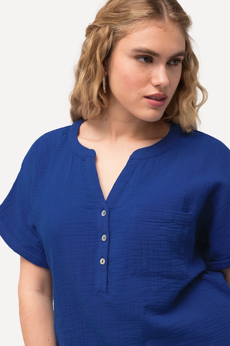 Musselin-Bluse, Oversized, Tunika-Ausschnitt, Halbarm
