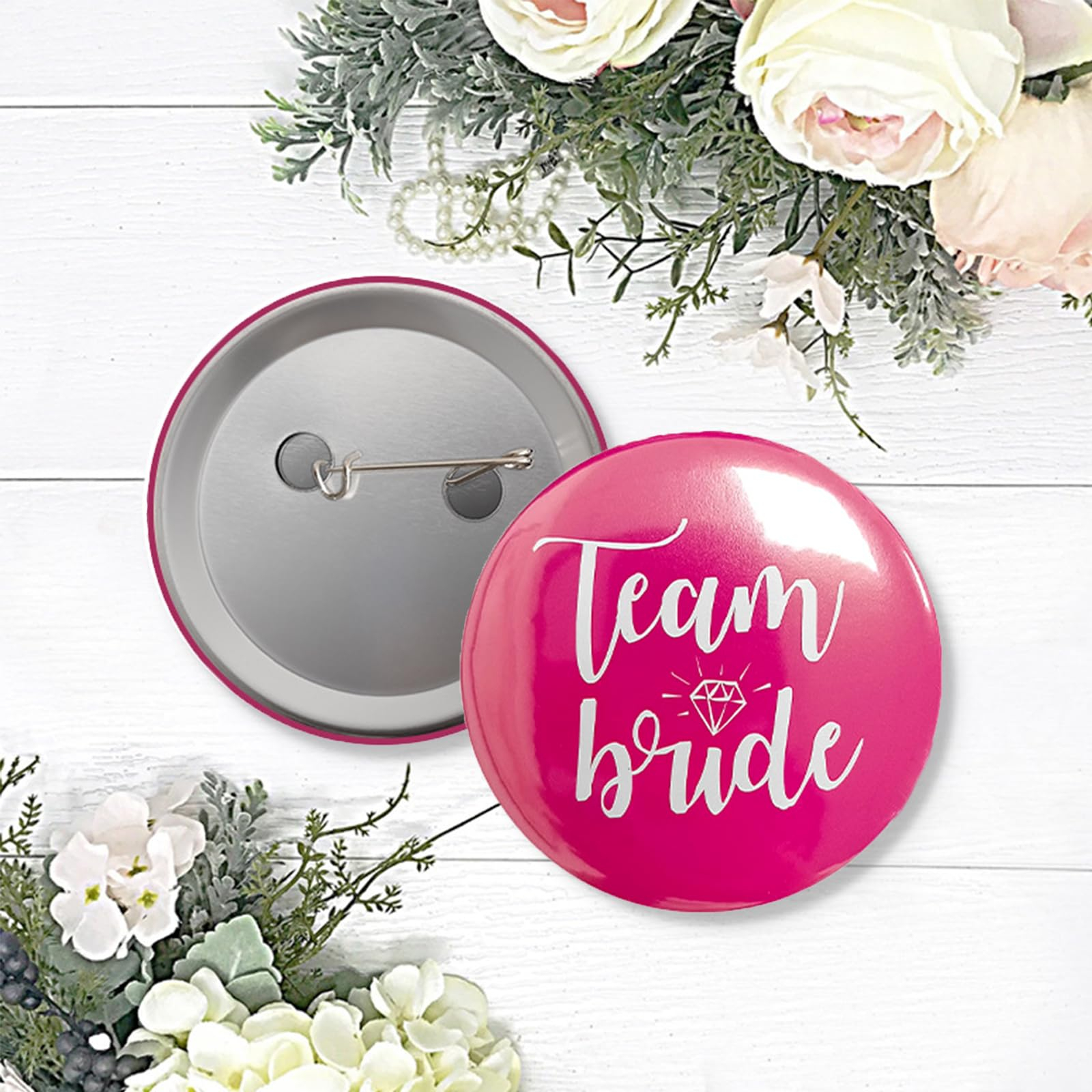(6er Set) Deko Button Team Bride / Bride To Be Pin Accessoire Junggesellinnenabschied Brosche - Pink