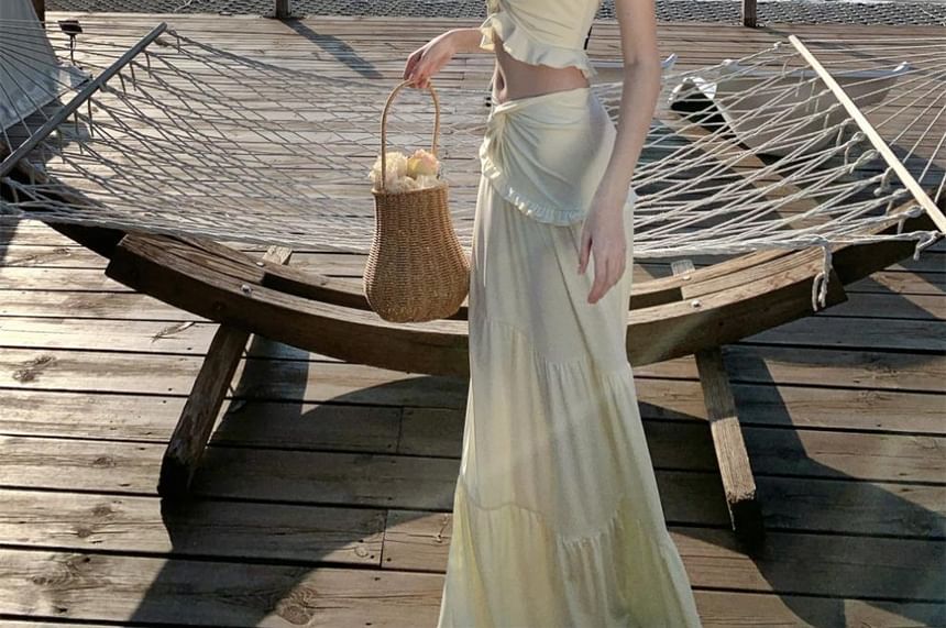 Egsy - Set: Halter V-hals Effen Ruffle Crop Top + Mid Waist Tiered Ruched Maxi A-lijn Rok