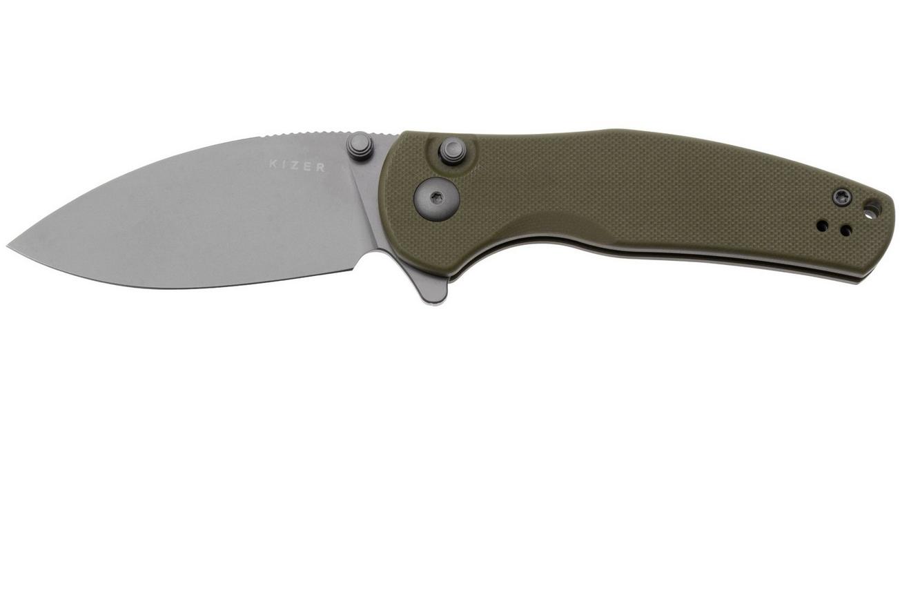 Kizer Vanguard Mini Grouper V3669A3 Grey D2, Olive Green G10, zakmes, Azo design