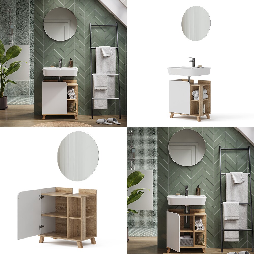 Vicco Badmöbel-Set Karen, Sonoma Weiß, moderne Badezimmerserie, 2 Farben, Waschtischunterschrank, Badspiegel