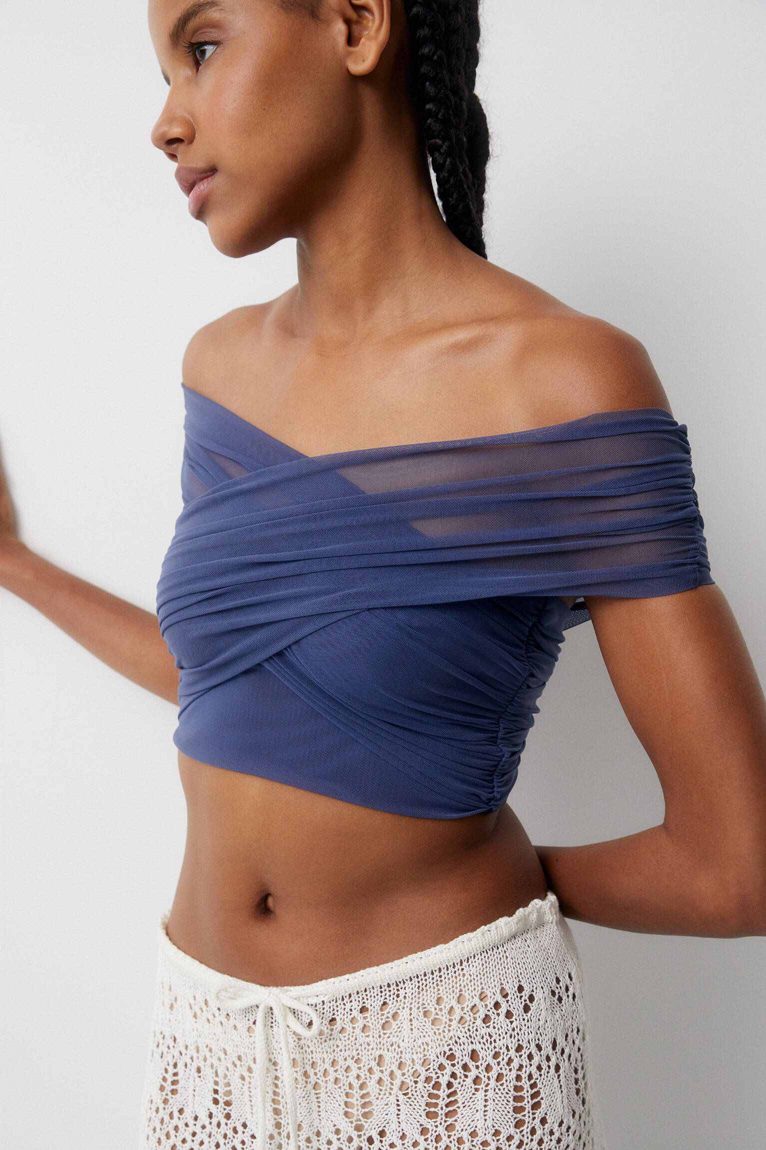 Blusa de tule drapeado - Azul-marinho