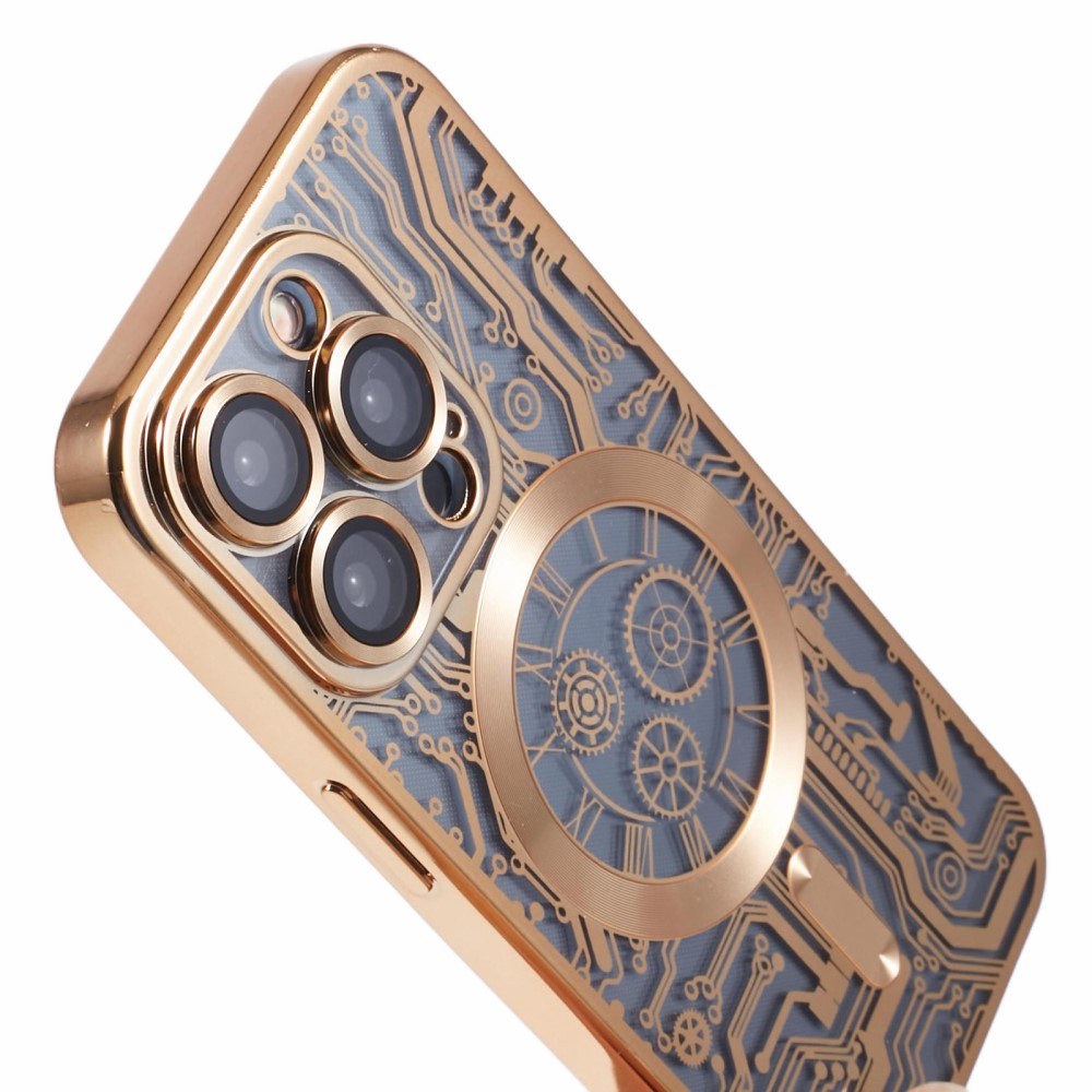 iPhone 15 Pro Max MagSafe Gummi Case Hülle Galvanisierter Rahmen im Mechanischen Zahnrad Design   Kameraglasschutz - Gold