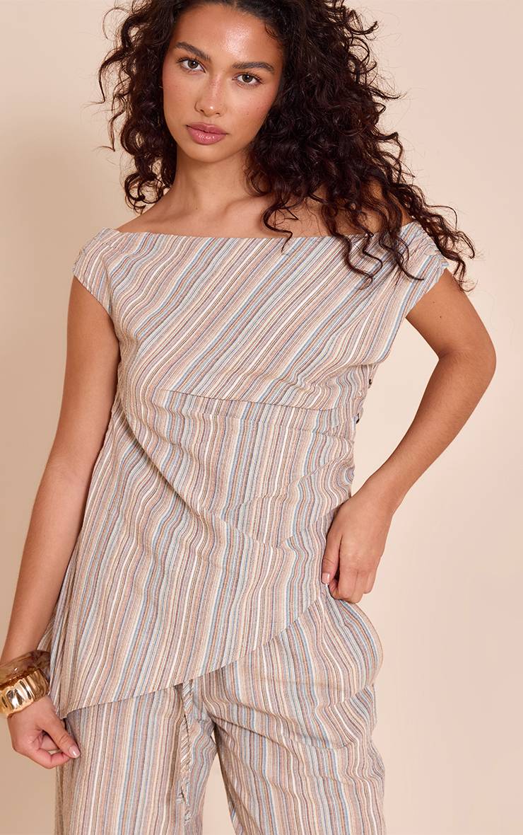 Multicolore Haut Long Asymétrique À Une Épaule Rayures Texturées Ensemble Coordonné