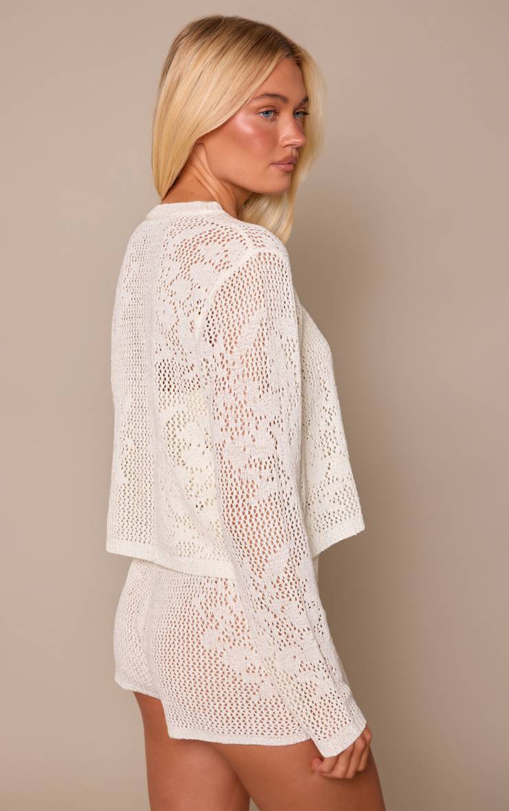 Blanc Cardigan Cintré En Crochet Ajouré Napperon