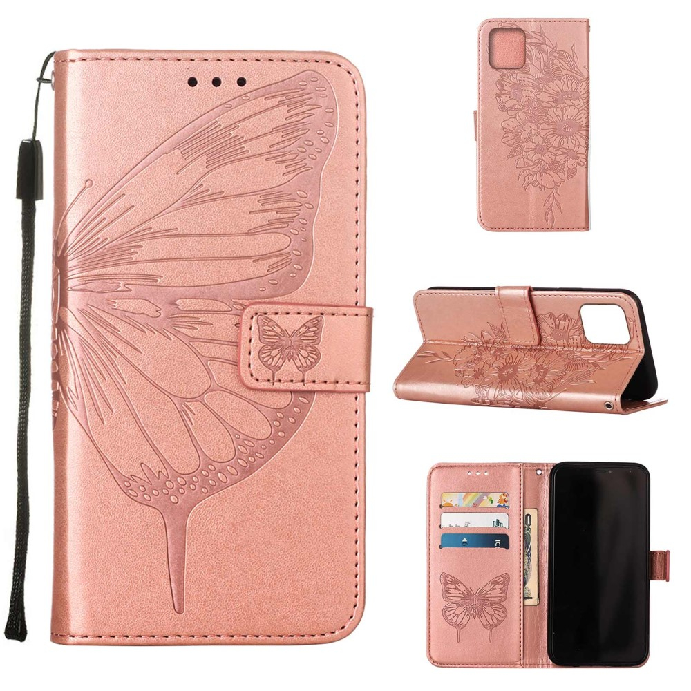 iPhone 13 Pro Leder Tasche mit Kartenfach   Handschlaufe Schmetterling / Blumen - Roségold