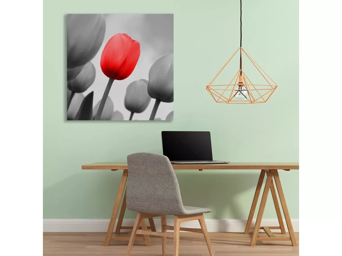 Tableau bois tulipe rouge en gris - 50 x 50 cm