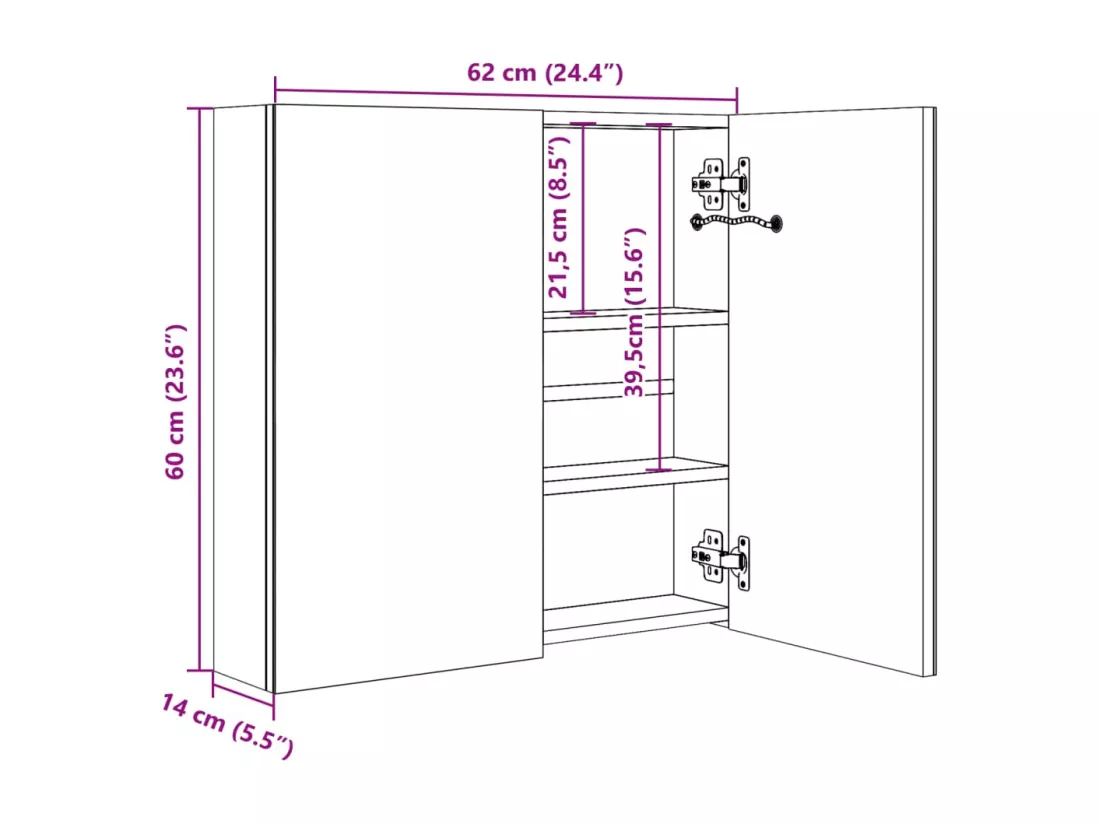 Armoire de salle de bain à miroir LED Gris brillant 62x14x60 cm