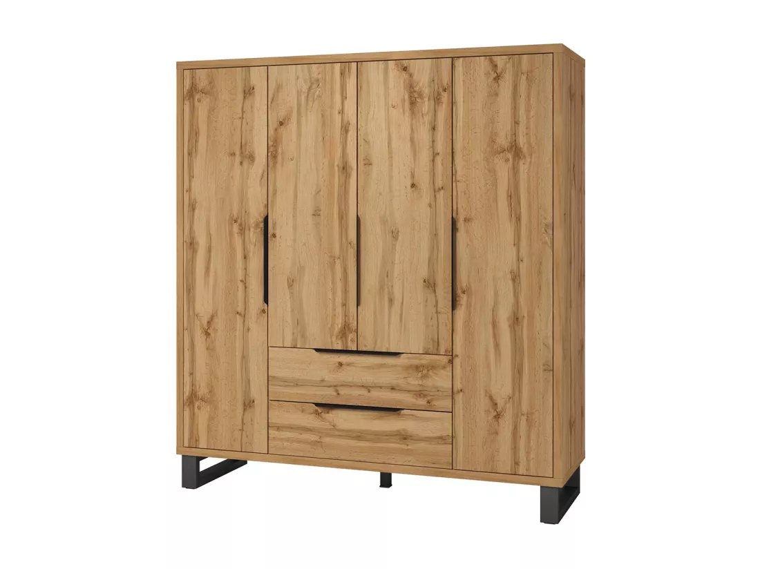 Chambre compléte industrielle MILOS : Armoire 4 portes, lit 140x200, commode, chevets, chêne brut/noir