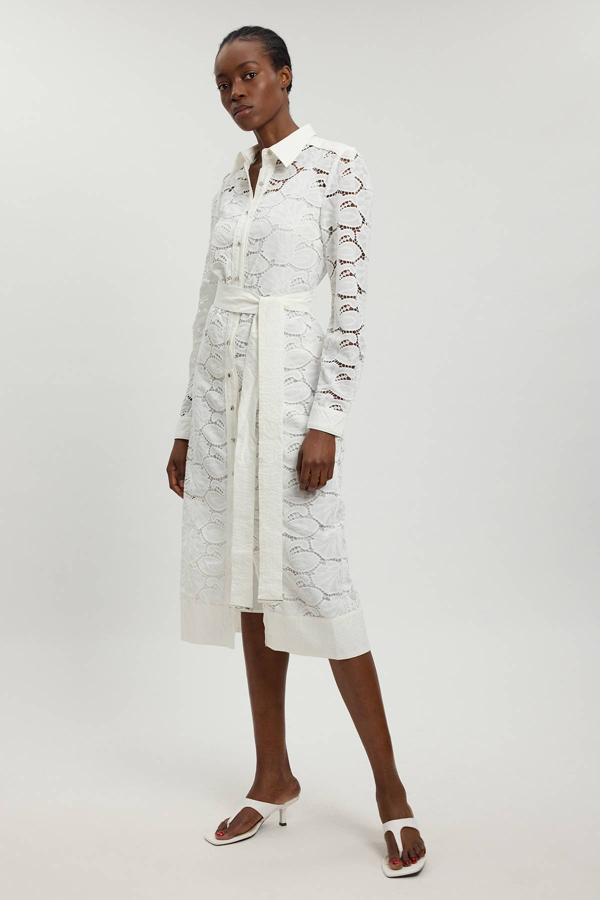 KarenMillen Robe Chemise En Coton Tissé À Col Avec Broderie Ajourée