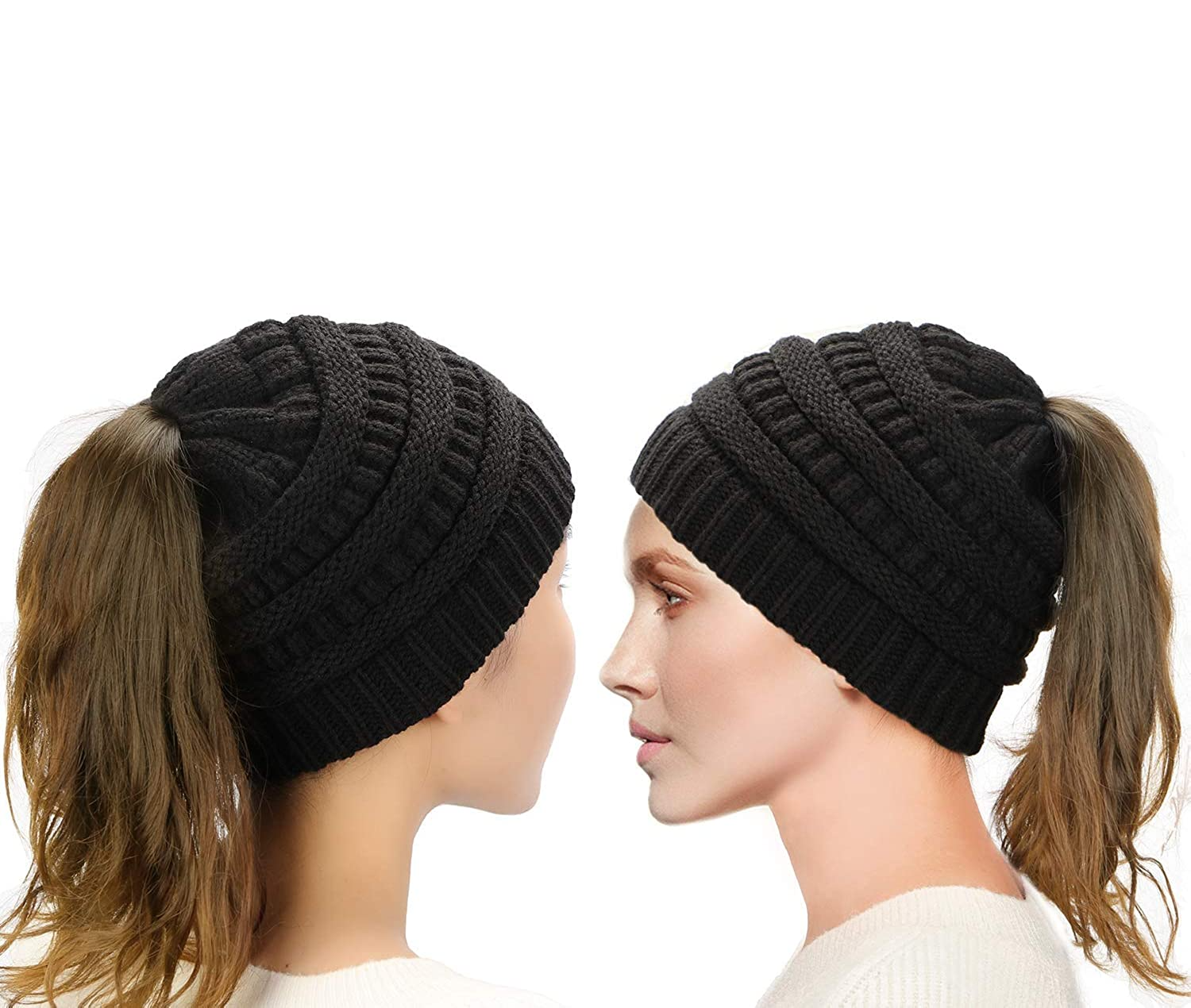 Damen Strickmütze mit Zopfloch Winter Mütze für Pferdeschwanz   Zöpfe (One Size) - Schwarz / Grau