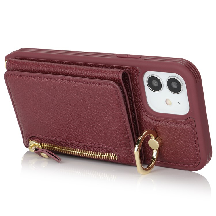 iPhone 12 / iPhone 12 Pro Necklace Leder Hülle mit Münzfach und Kartenfächer   Finger Griff Halterung   Handykette - Weinrot