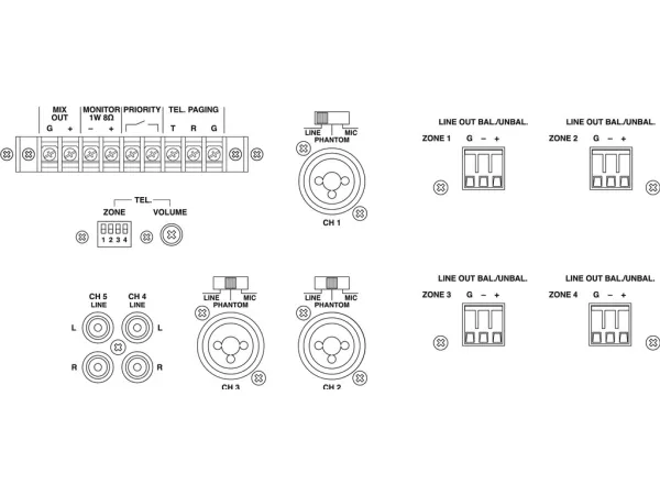 Monacor PA-4040MPX, 5.0 kanaler, 1%, 75 dB, 50 - 17000 Hz, Klemmeterminaler, 230 V