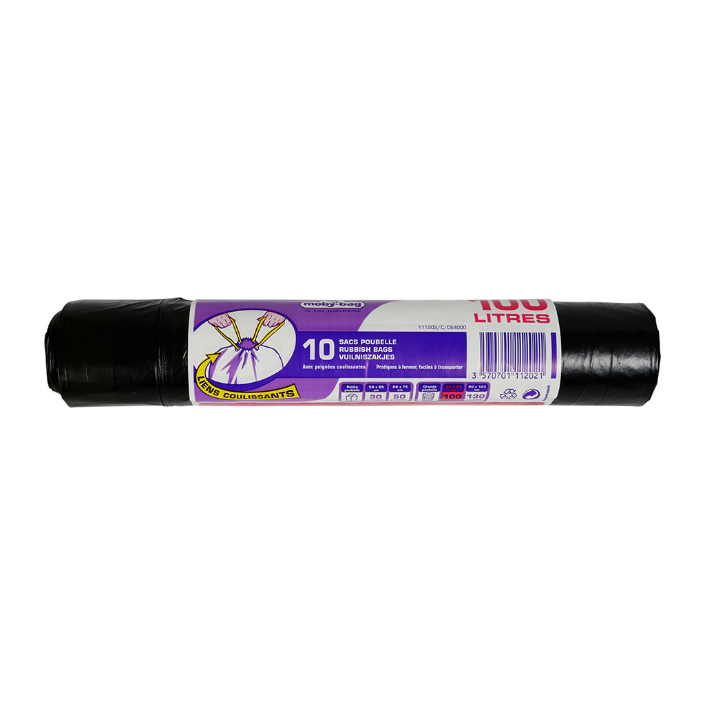 Lot de 10 sacs poubelle liens coulissants noir 100L