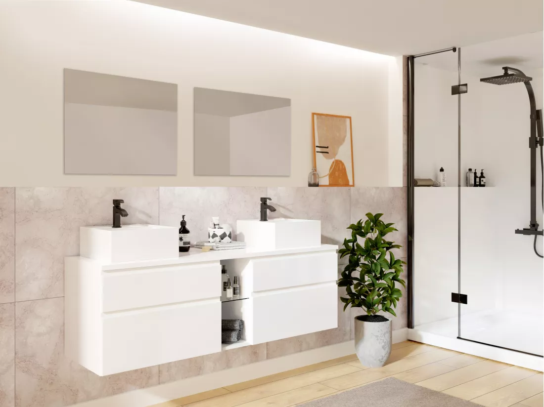 Meuble de salle de bain suspendu avec double vasque et miroirs - Blanc - L150 cm - MAGDALENA II