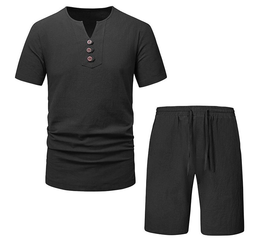 Aozora - Set: T-shirt met korte mouwen, inkeping in de hals, effen knopen + korte broek met trekkoord in de taille