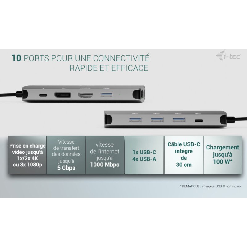 i-tec USB-C Metal Nano 3x Display (DP, HDMI and VGA) Docking Station + Power Delivery 100 W
