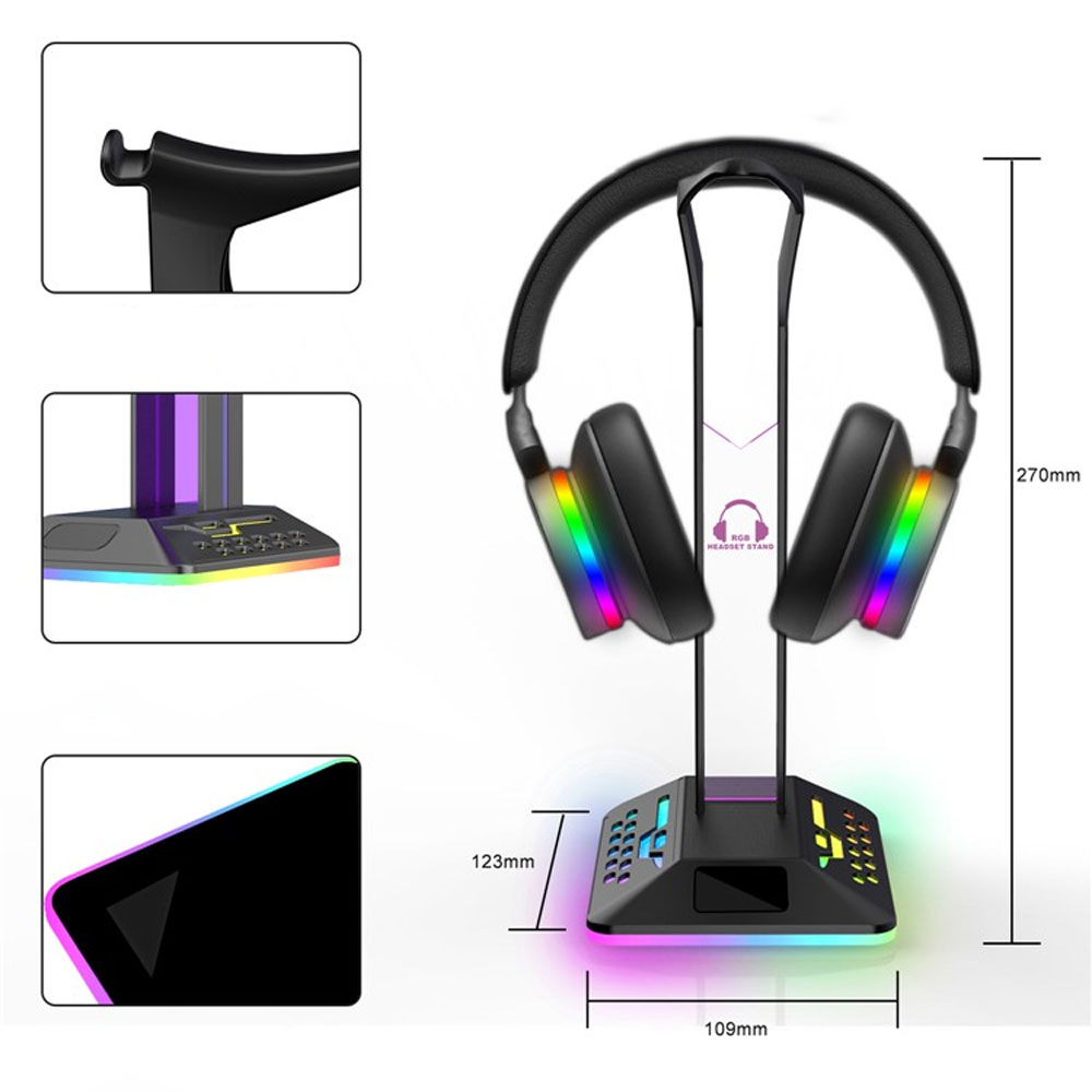 Gaming Kopfhörer Halterung Ständer für Over-Ear Headset mit 2x USB A Anschluss   RGB Beleuchtung - Schwarz