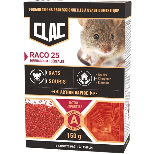 Appât céréales - Raco 25 - rats et souris - action rapide - 150 g -  6 sach