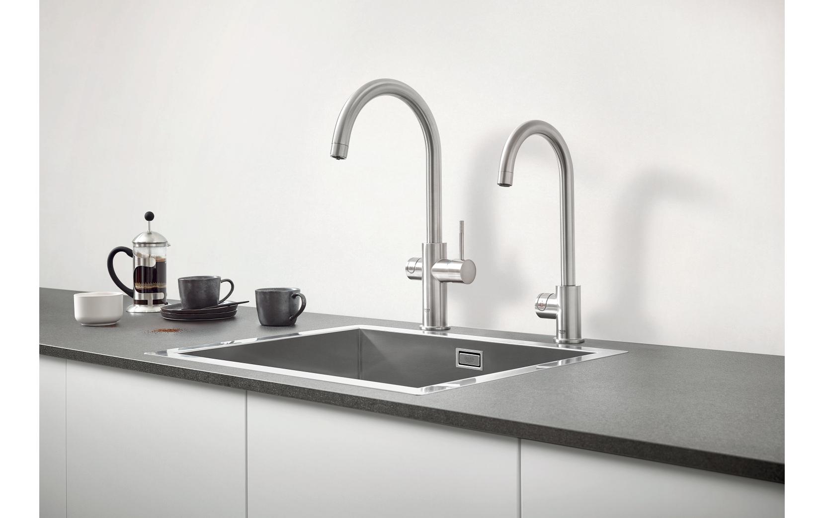 Küchenarmatur Blue Professional C-Auslauf Set Supersteel<br>Einhand-Spültischbatterie mit Filterfunktion
