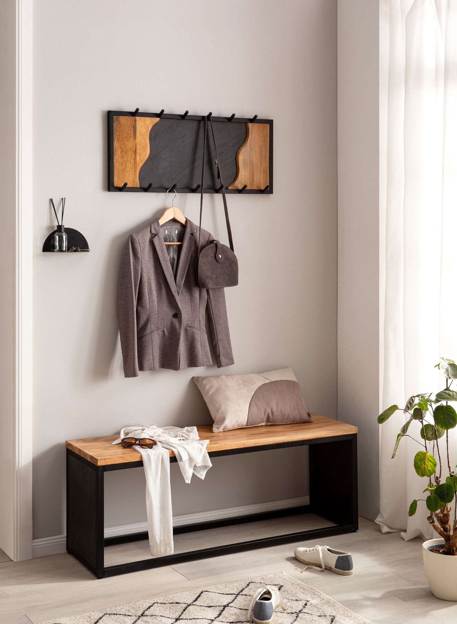 Wandgarderobe FineBuy Hakenleiste Steinoptik 80 cm Garderobe Flur Holz Modern