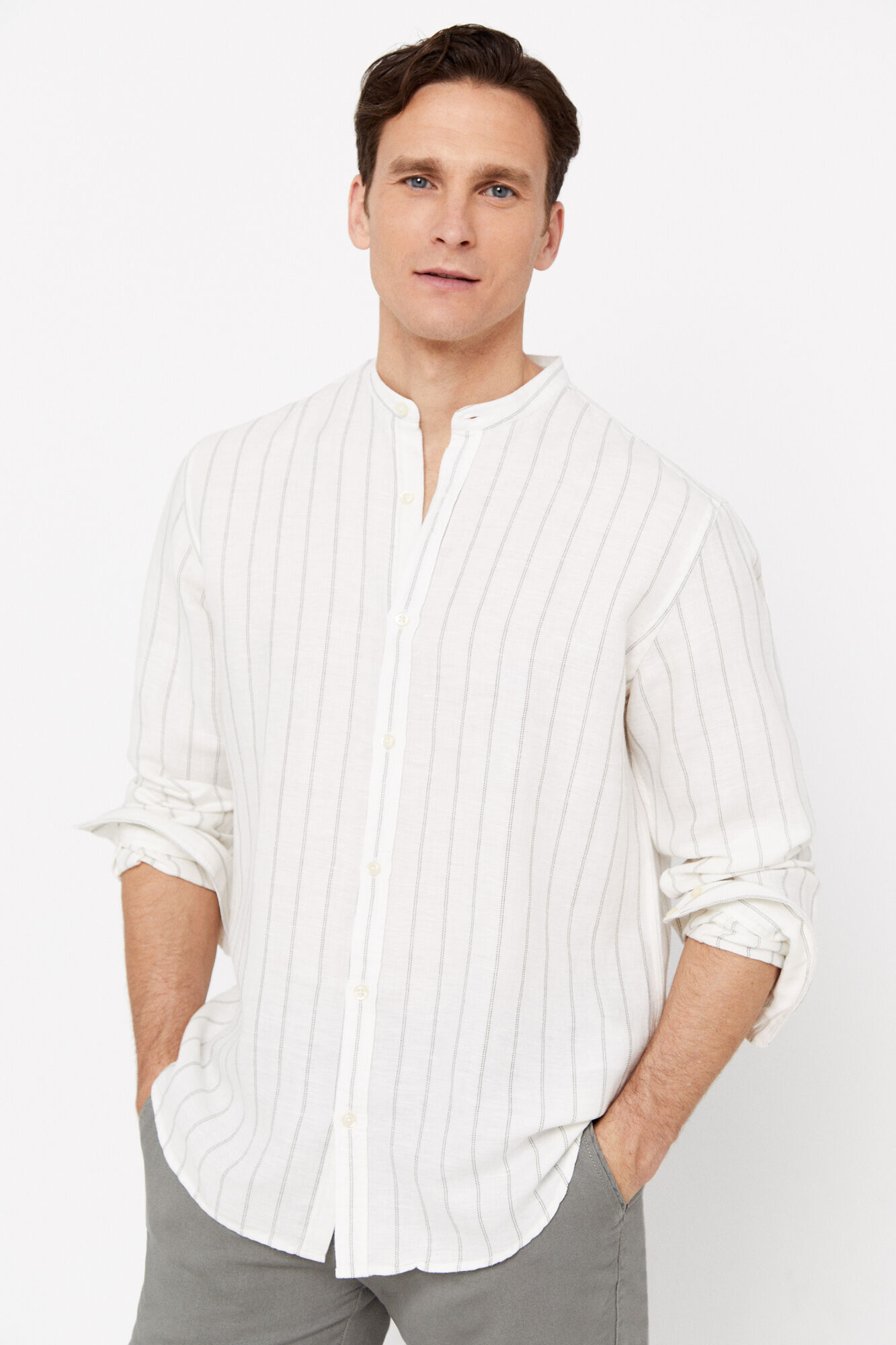Camiseta listrada de linho e algodão - Cáqui
