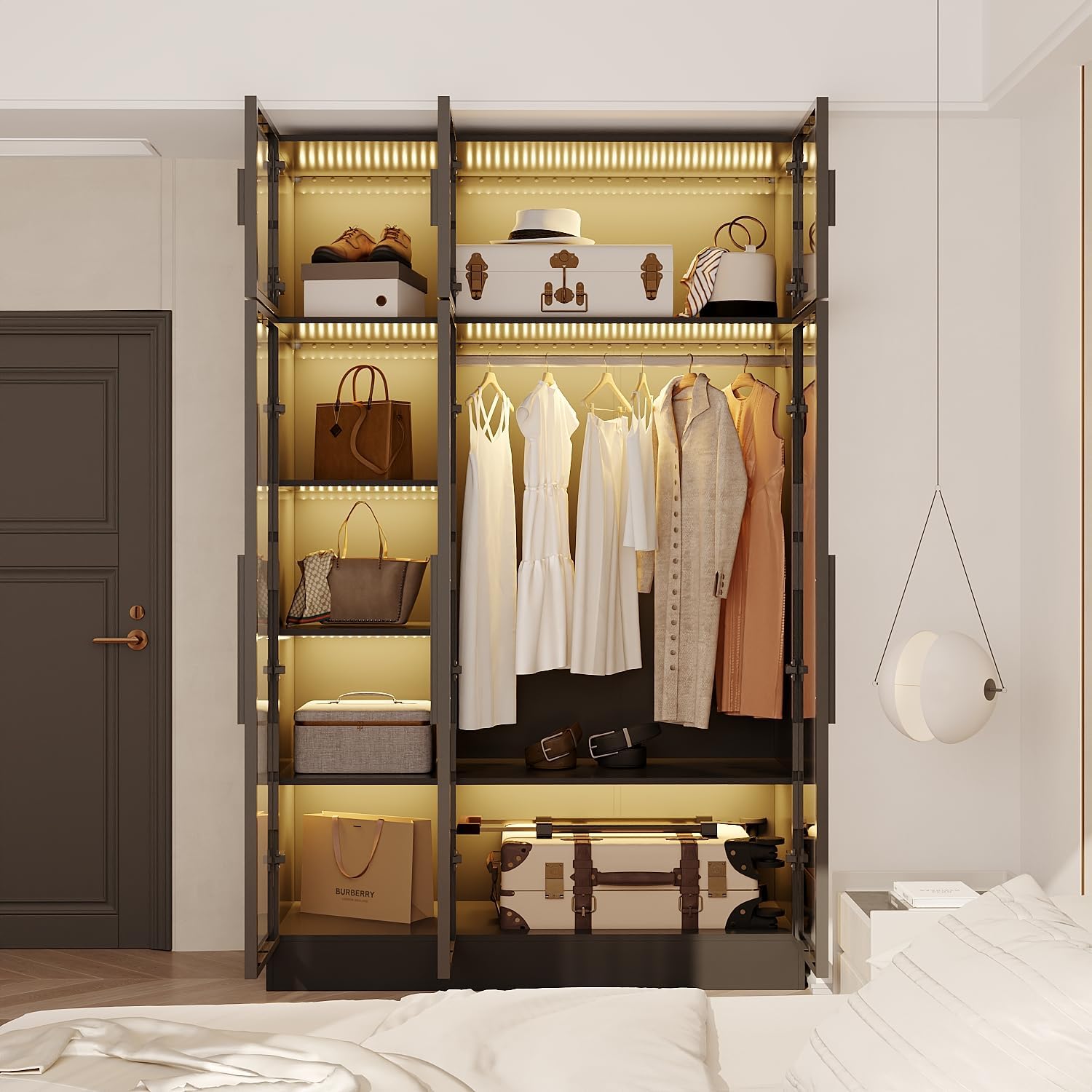 Caldion Kleiderschrank mit 3 LED-Beleuchtung, Glasschrank mit Kleiderstange, Aufbewahrungsschrank aus Hartglas, Glasvitrine mit 6 Türen, 8 Ablagen, Türrahmen aus Eisen, Schwarz, 120x48x190cm