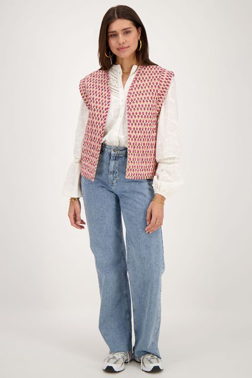 Beige gilet met roze en groene bloemenprint