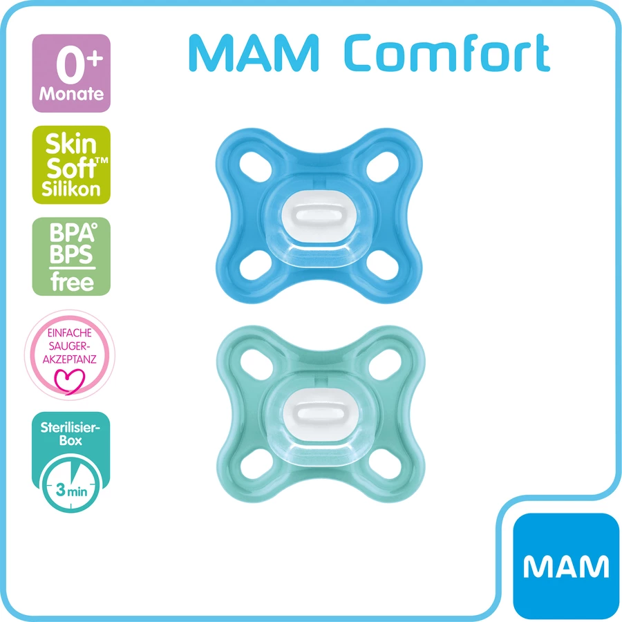 MAM Schnuller Comfort Silikon, 0+ Monate, 2 Stk, blau + türkis