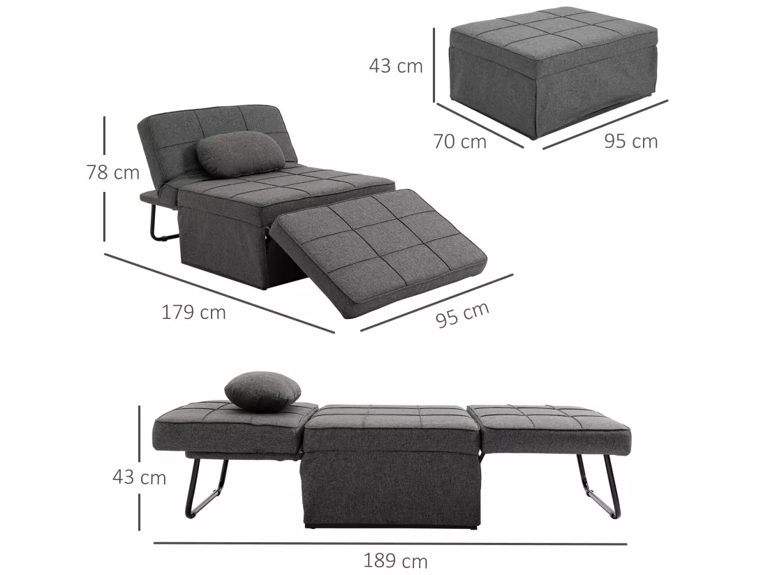 Fauteuil chauffeuse chaise longue pouf 3 en 1 dossier inclinable 5 niveaux repose-pied rabattable châssis métal noir lin gris