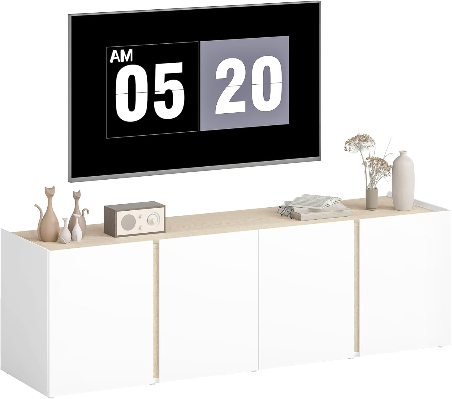 HOMCOM TV Schrank Lowboard für Fernseher bis zu 65 Zoll, 135 cm lang Hochglanz Fernsehtisch mit Verstellbaren Ablagen, Kabelmanagement, 4 Soft-Close-Türen für Wohnzimmer Weiß