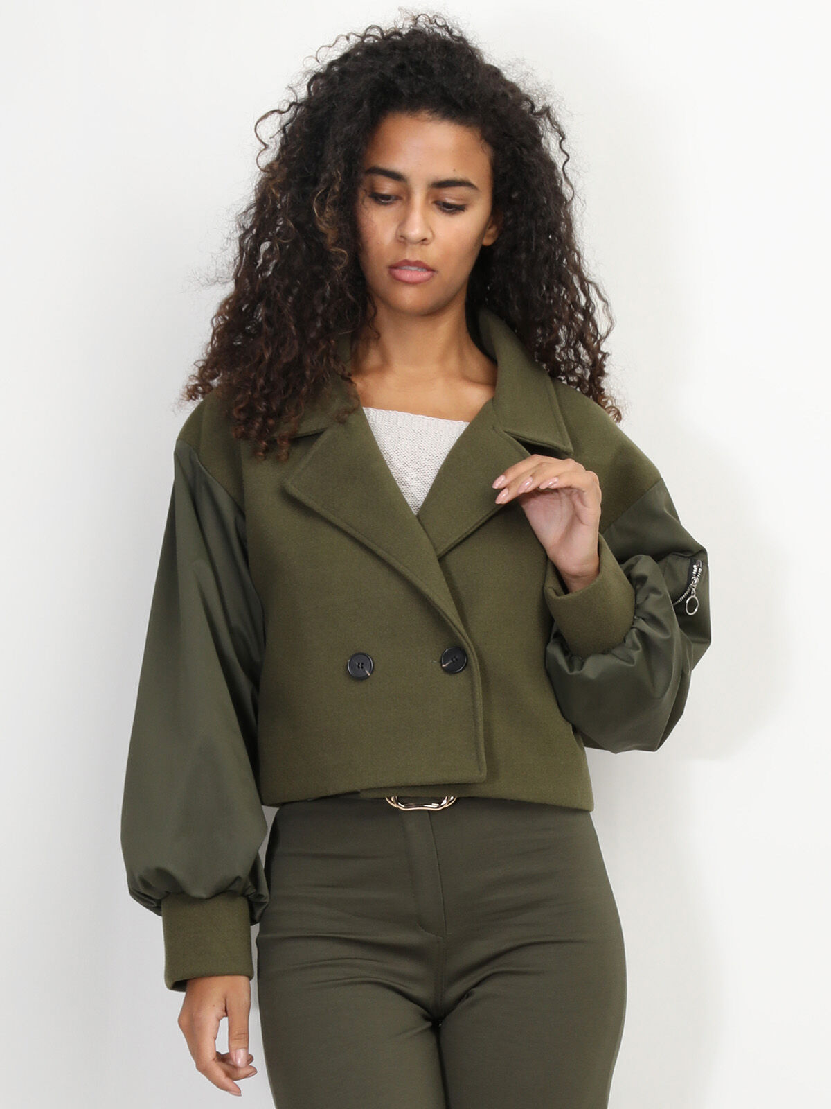 Veste courte croisée bi-matière- Kaki