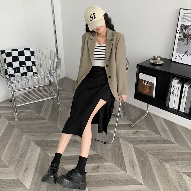 Secolo - Hoge taille effen split midi A-lijn rok