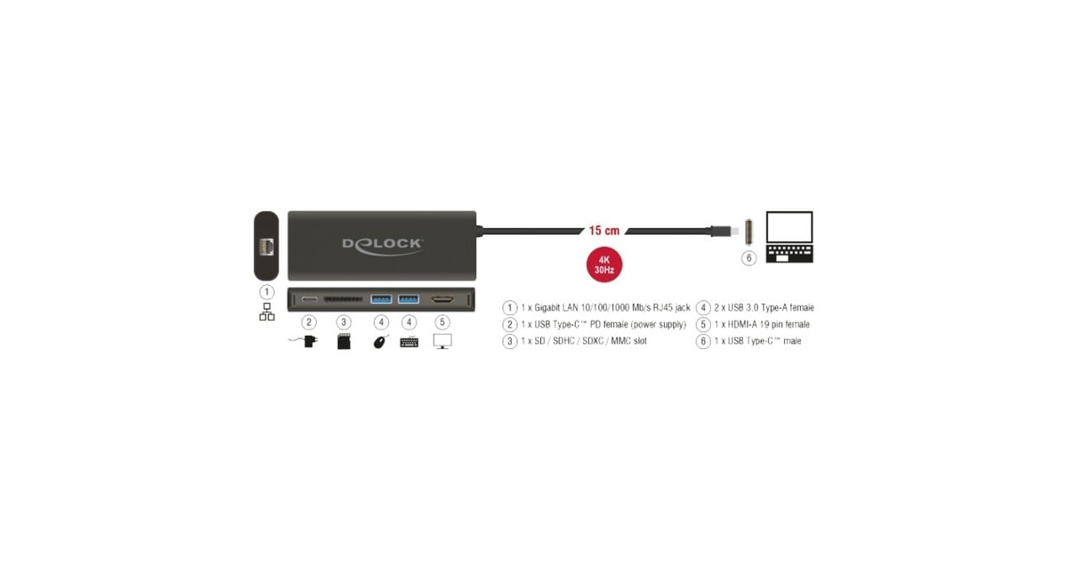 DeLOCKUSB Type-C 3.1 Docking Station HDMI 4K 30 Hz, Gigabit LAN en USB PD functie  (Antraciet, HDMI, USB-C, USB-A, SD-kaartlezer)