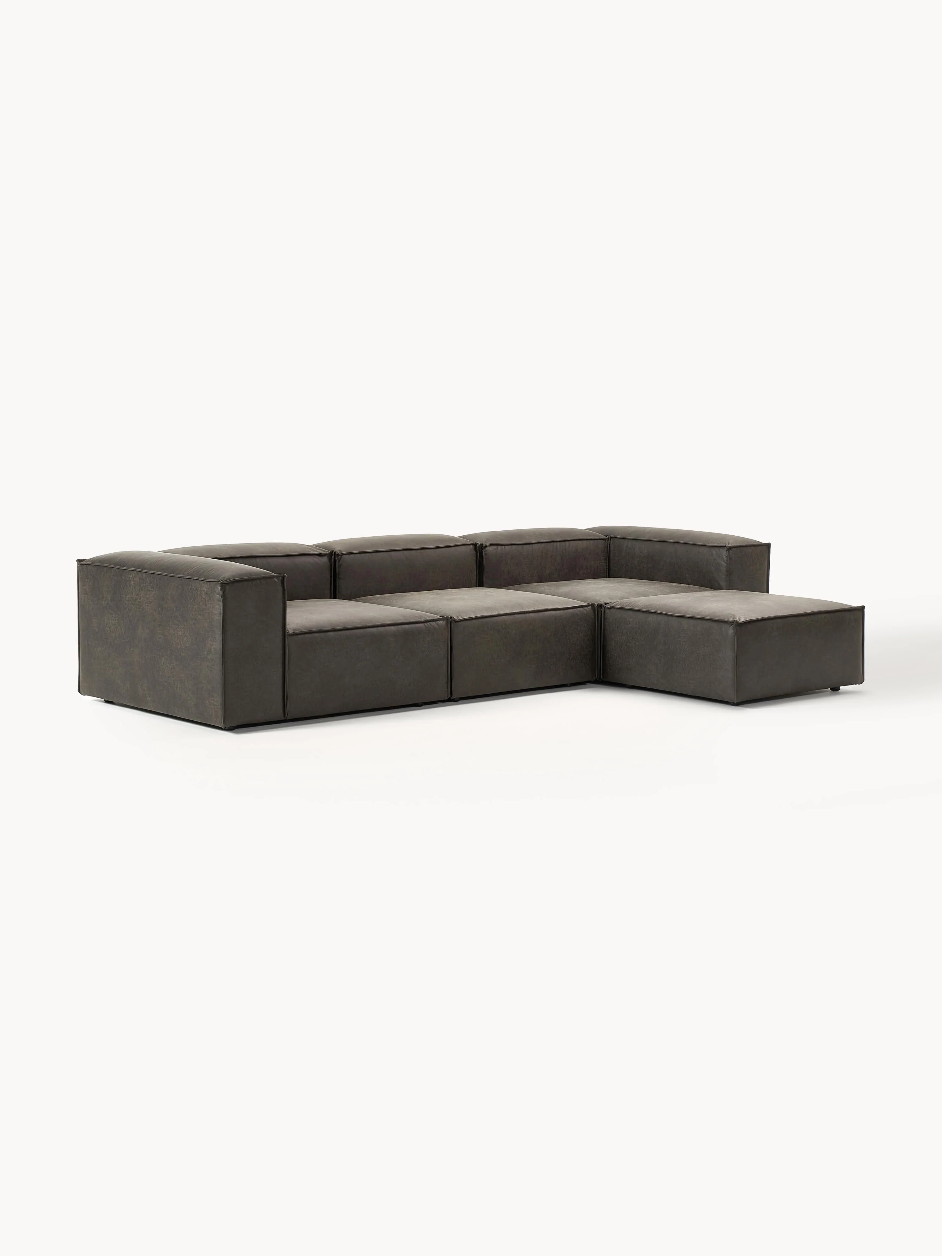 Modulaire bank Lennon (4-zits) van gerecycled leer met poef (links/rechts)