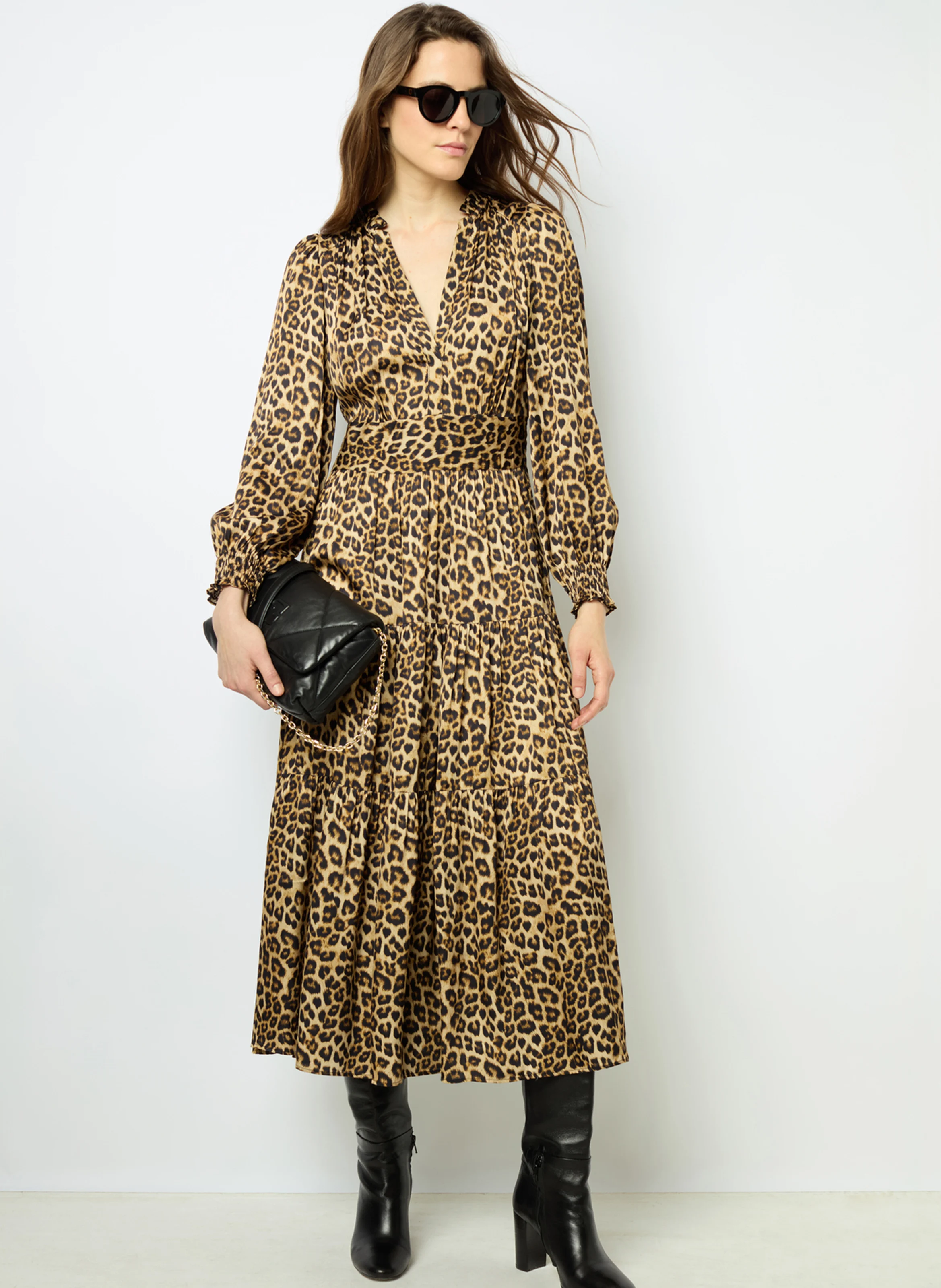 SANNA - Robe midi satinée imprimé léopard | Marron