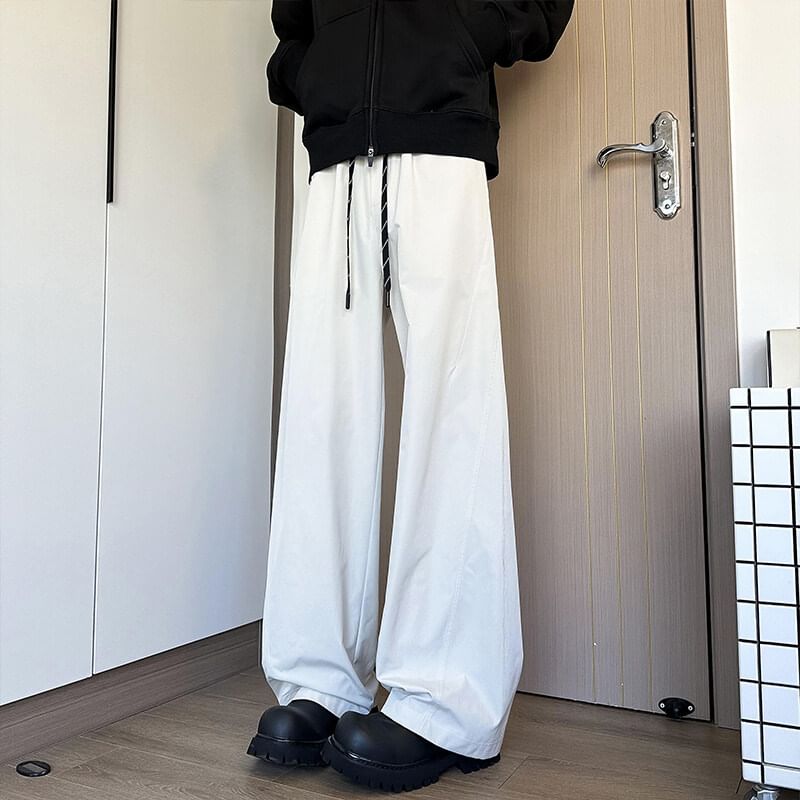 Obikan - Effen broek met wijde pijpen en trekkoord in de taille