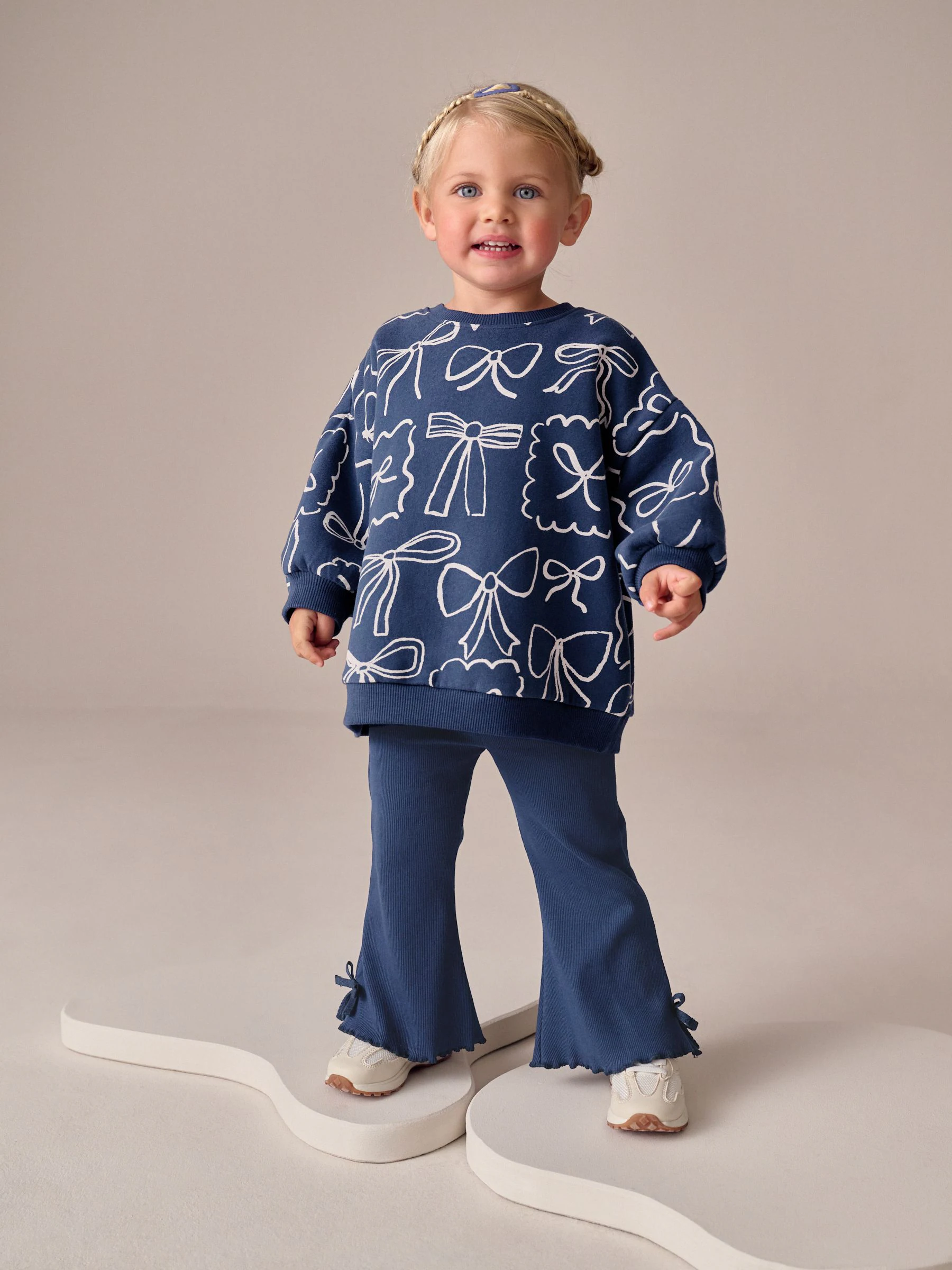 Marineblauwe Strik Print - Set van sweatshirt en uitlopende legging (3mnd -7jr)