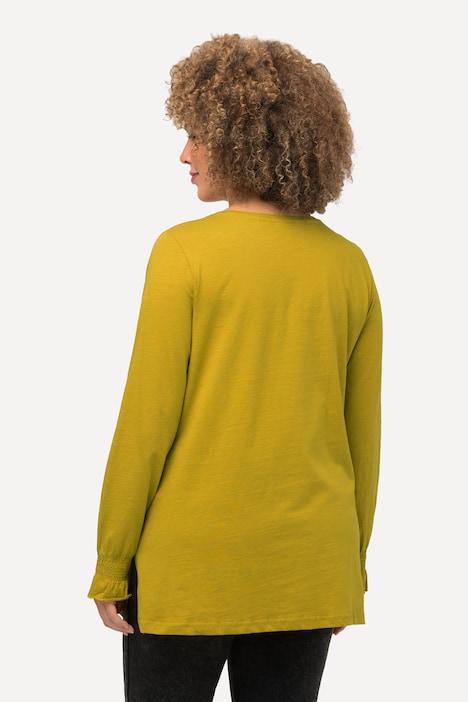 Shirt, Classic, Rundhals, gesmokter Volant-Langarm