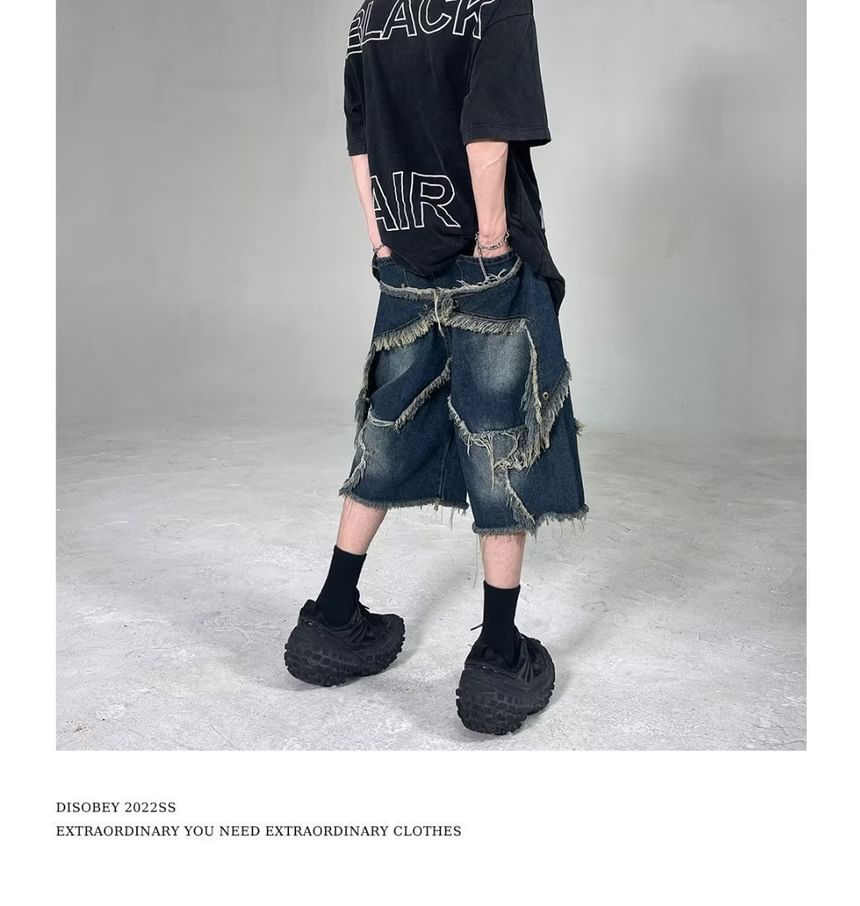 Femilina - Mid Rise Patchwork Fringed Washed Wide Leg Jorts