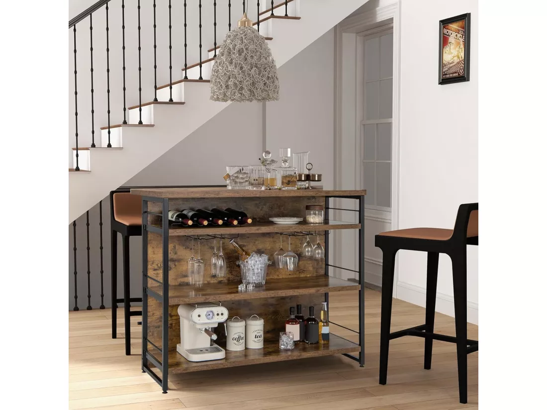 Ilot Central Industriel, Table de Bar à 4 Niveaux avec 3 Étagères Ouvertes, Casier à Vin et Supports pour Verres à Pied, Repose-Pieds （Marron Rustique)