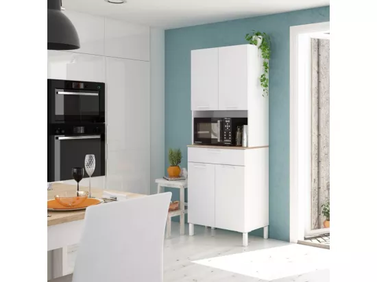 Buffet meuble cuisine 4 portes + tiroir coloris blanc artic / chêne canadien - Hauteur 186 cm x Longueur 72 cm x Profondeur 40 cm
