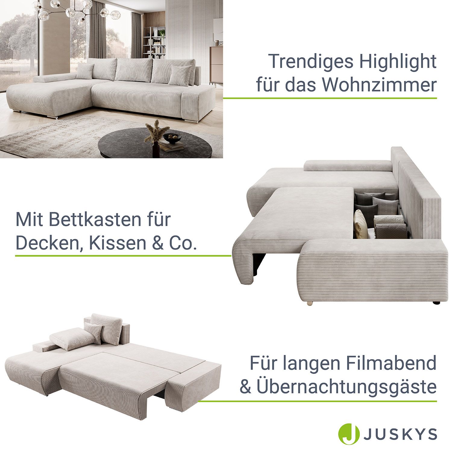 Juskys Sofa Iseo Links mit Schlaffunktion - Stoff Couch L Form für Wohnzimmer - Beige