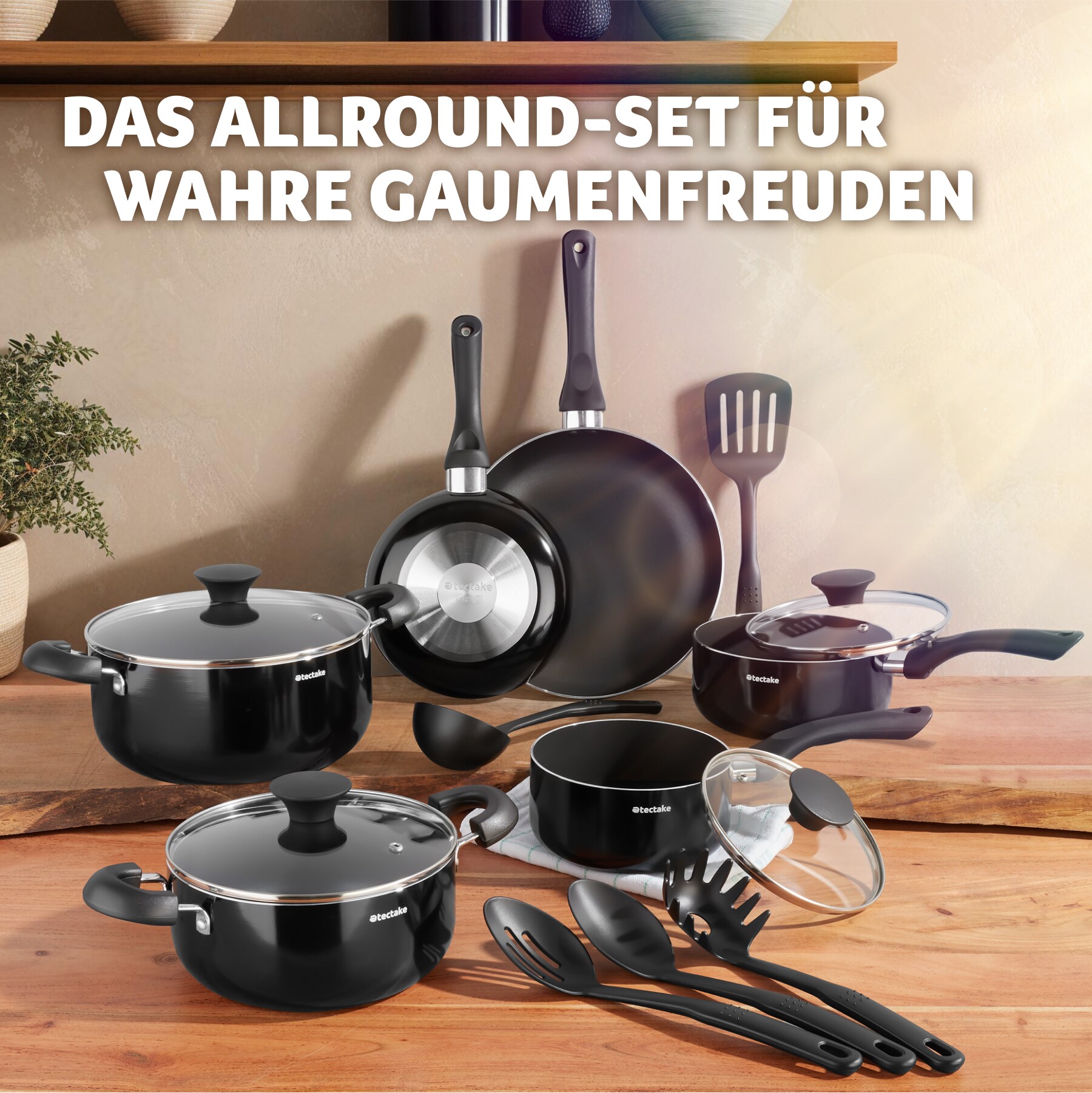 tectake® Kochgeschirr-Set, 15-teilig, Glasdeckel mit Dampfabzug, 5 Küchenwerkzeuge