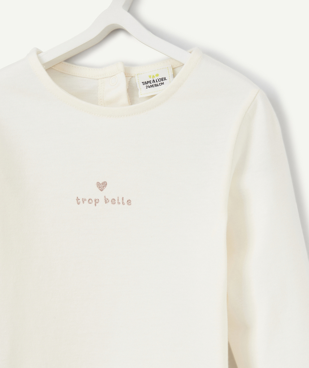 T-SHIRT BÉBÉ FILLE ÉCRU AVEC MESSAGE PAILLETÉ EN COTON BIO