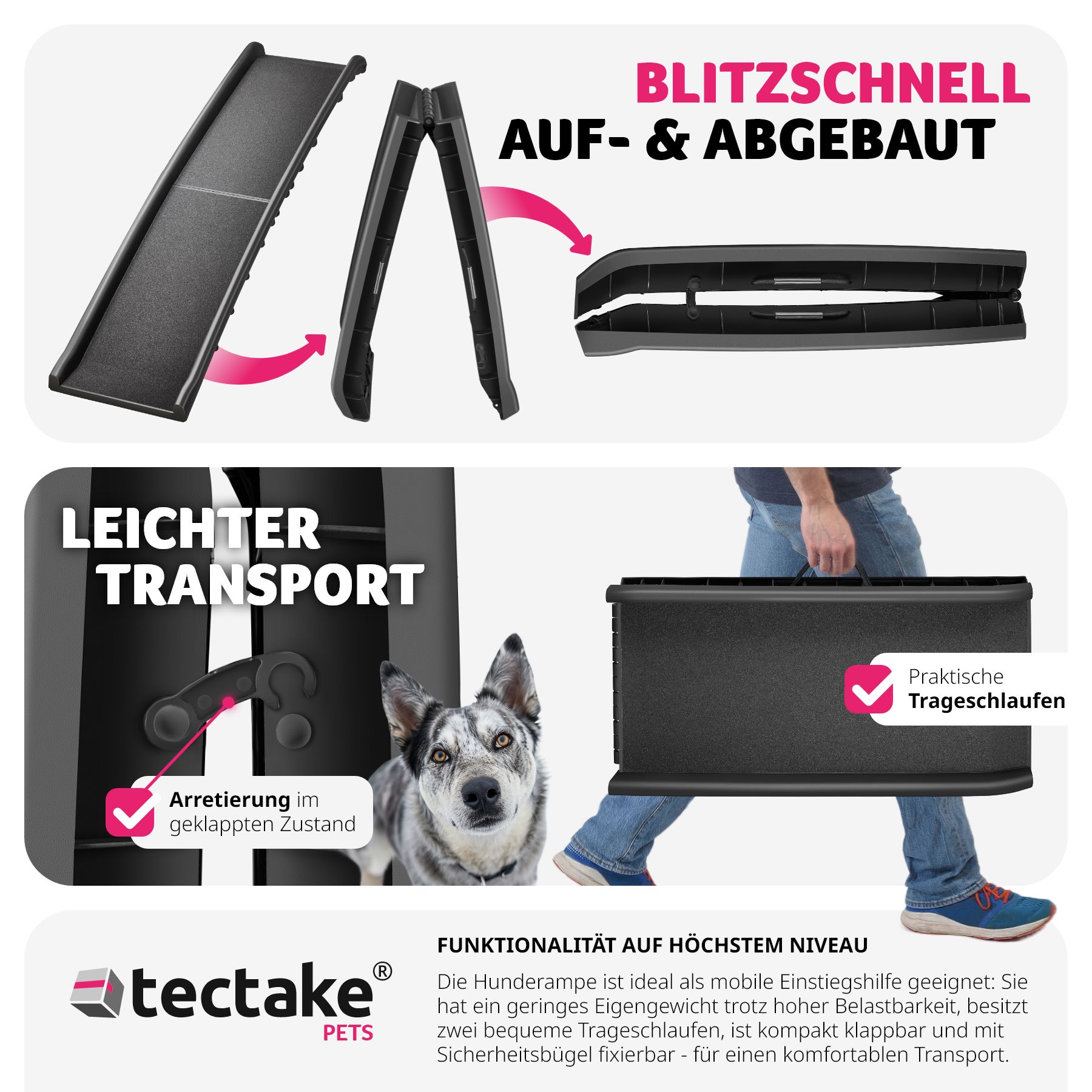 tectake® Hunderampe, klappbar und rutschfest, Belastbarkeit 90 kg, 155 x 40 x 14 cm