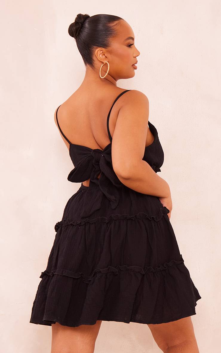 Noir Robe Trapèze Étagée Grande Taille En Gaze De Coton