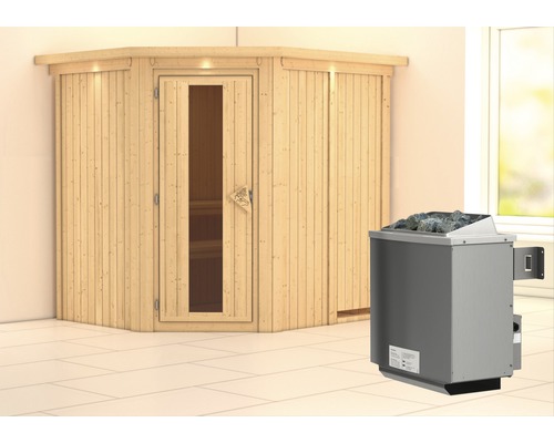 Karibu Petalit modulaire sauna inclusief 9 kW kachel en geïntegreerd besturingssysteem met dakrand en geïsoleerde houten deur met dubbele beglazing.