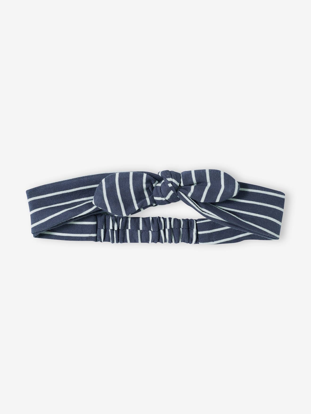 Conjunto de 3 peças para bebê, composto por shorts de veludo, camiseta e faixa de cabelo, na cor azul-escura listrada.