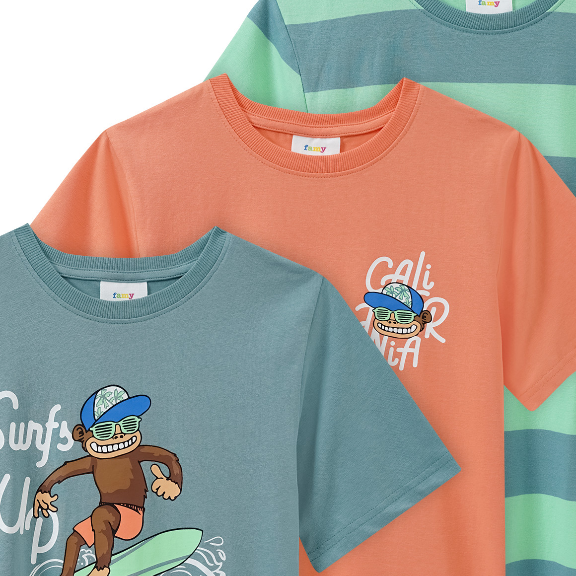 Famy 3 Jungen T-Shirts in verschiedenen Dessins dunkelgrün / hellgrün / orange